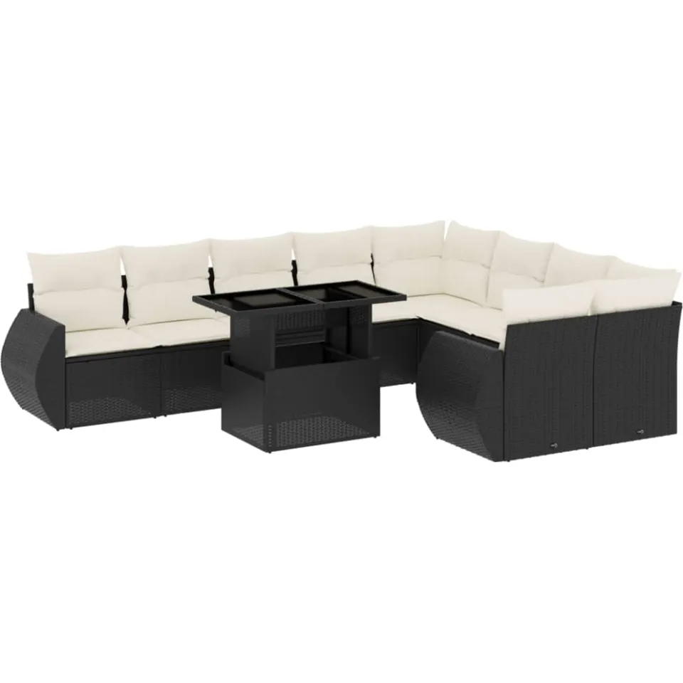 vidaXL 10-delige Loungeset met kussens poly rattan zwart, foto 3
