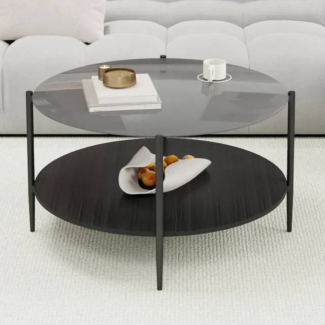 MEUNIQ Ronde salontafel Ø 82 cm met rookzwart glazen blad en houten onderblad, dubbele open laag voor woonkamer, zwart, hoogte 45 cm