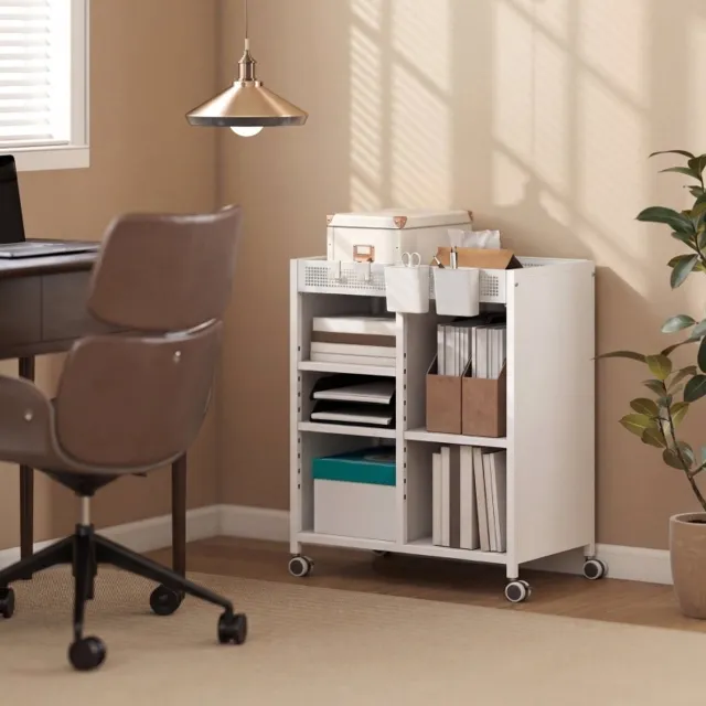 OKWISH Boekenkast – 53 x 34 x 69,5 cm – Met Wielen En Verstelbare Planken – Metaal – Wit – Open Opbergrek Voor Woonkamer En Kantoor