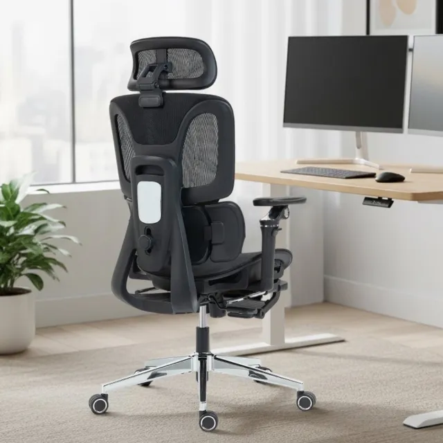 REDOM Bureaustoel - Verstelbare hoofdsteun en lendensteun - 6D armleuningen en voetsteun - Ergonomische mesh - Kantoor - Mesh en kunststof - Zwart - 67 x 71 x 133 cm