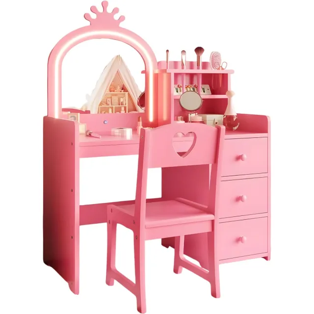 Happiq Princess Kinder Kaptafelset - Voor Meisjeskamer - Kaptafel met Stoel, Verlichte Drievoudig Opklapbare Spiegel & 3 Laden - Met Opbergplanken - Roze Pink