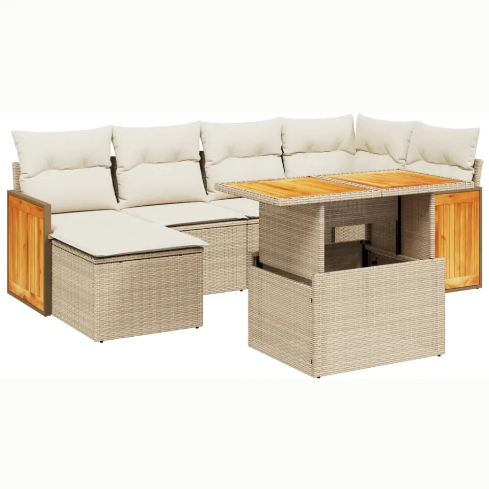 vidaXL 7-delige Loungeset met kussens poly rattan beige, foto 3