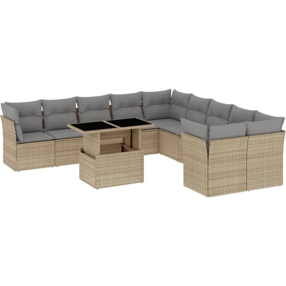 vidaXL 11-delige Tuinset met kussens poly rattan beige, foto 3