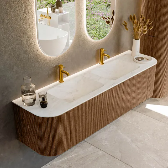 Mondiaz KURVE-DLUX 170 cm Onderkast Greeploos 1 Lade Met Deuren Walnut, Wastafel Solid Surface Dubbel Opalo 2 Kraangaten Zonder Spiegel (KRVLEA170L+R1L2D2KD-Wal/Opa)