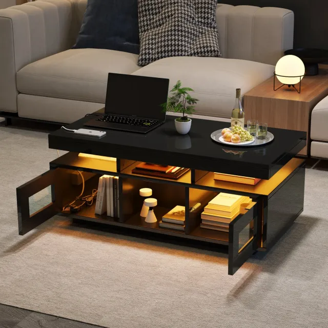 MUVANO Salontafel Zwart - Met LED - Hoogglans - Slimme Tafel - Stopcontact - USB - Opbergruimte - Acryl Deuren - Woonkamer - 100x50x43cm - App Bediening - Zwart