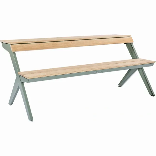 Weltevree Tablebench | Multifunctionele Picknicktafel | Bankje met Rugsteun, Tuinbank, Balkontafel, Buitenmeubel, Eettafel Buiten | Bamboe & Staal | Grijsgroen RAL 7033