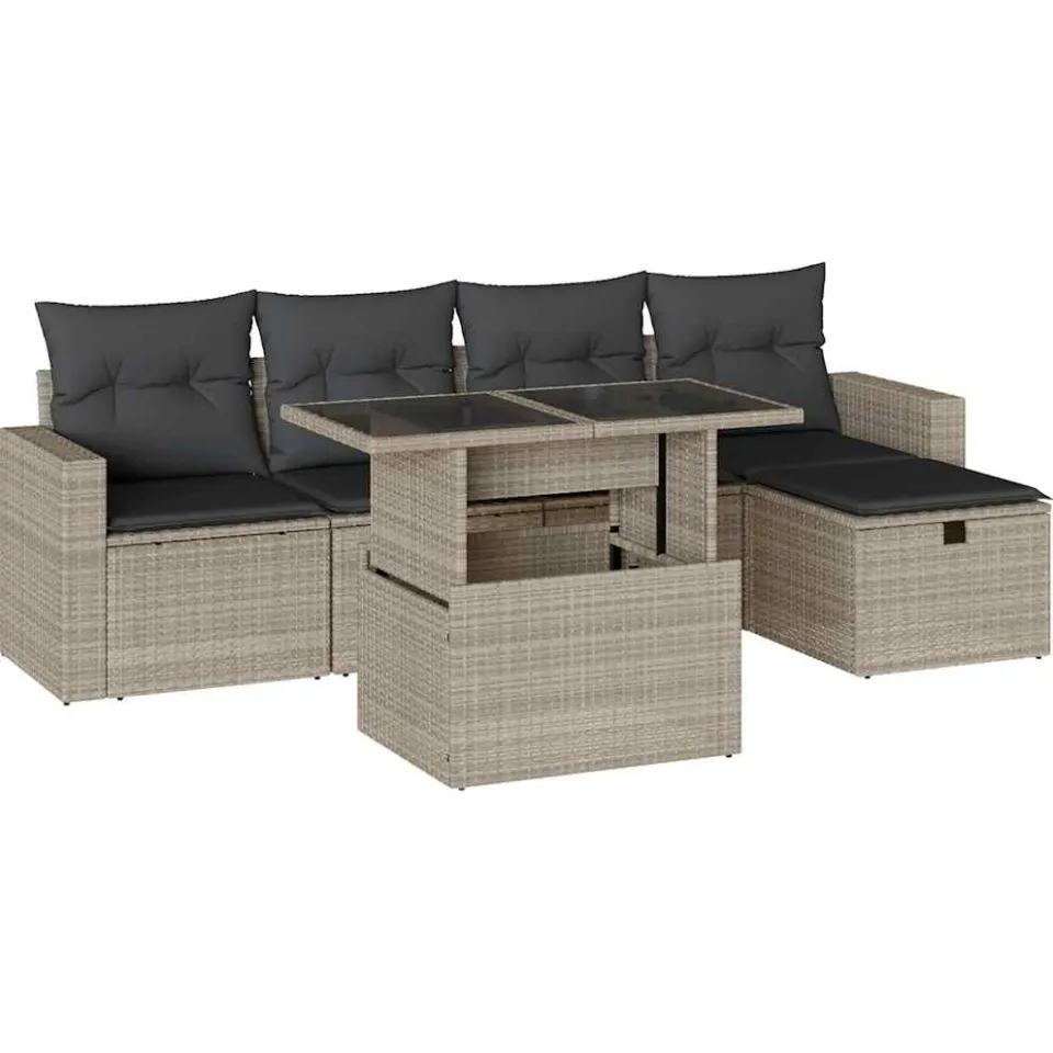 vidaXL 6-delige Loungeset met kussens poly rattan lichtgrijs grijs, foto 3