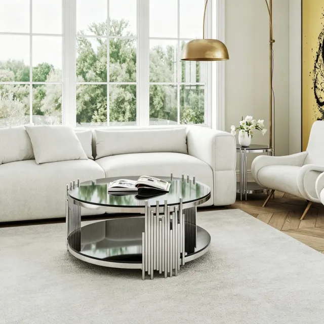 STILVORA Salontafel - Ronde Tafel Met Dubbel Glasblad En Opbergruimte - Voor Woonkamer Of Kantoor - RVS En Glas - 80 Cm Zwart En Zilver