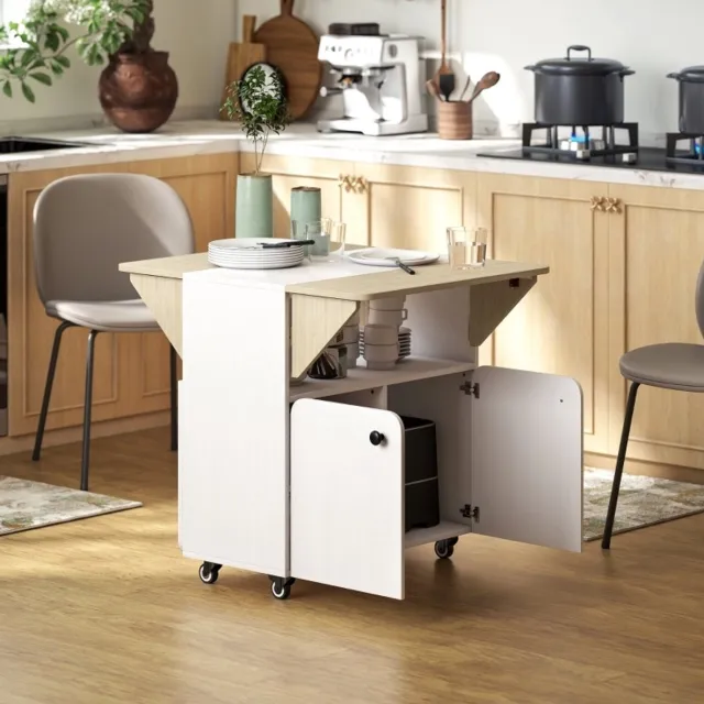 MEUNIQ opklapbare eettafel met kast en 4 wielen, klaptafel met open vak en kastvak, 70 x 83 x 75 cm, voor keuken en eetkamer, wit en naturel