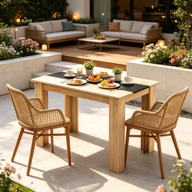 CHICFURN Eettafel - Melamine oppervlak - Rechthoekig - Zwart en eiken