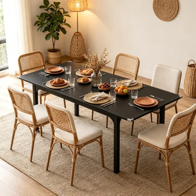 DESMIU Eettafel - Uitschuifbaar voor 4 tot 6 Personen - voor Eetkamer en Kleine Ruimtes - MDF en Staal - 120 tot 160 x 70 x 75 cm - Zwart