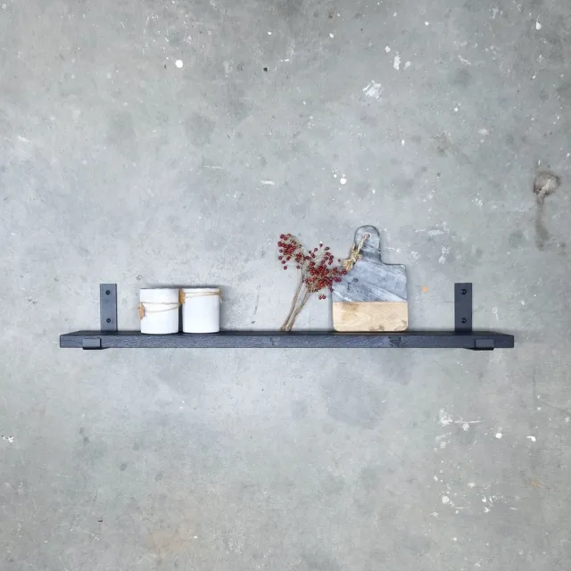 GoudmetHout Wandplank Industrieel - 80 x 15 cm Muurplank - Zwart Eiken Hout - Decoratie Wandrek & Boekenrek - Hangplank Keuken - Wall Shelf + 2 Mat Zwarte Plankdragers van Staal Zwart - Mat zwart - 15 cm
