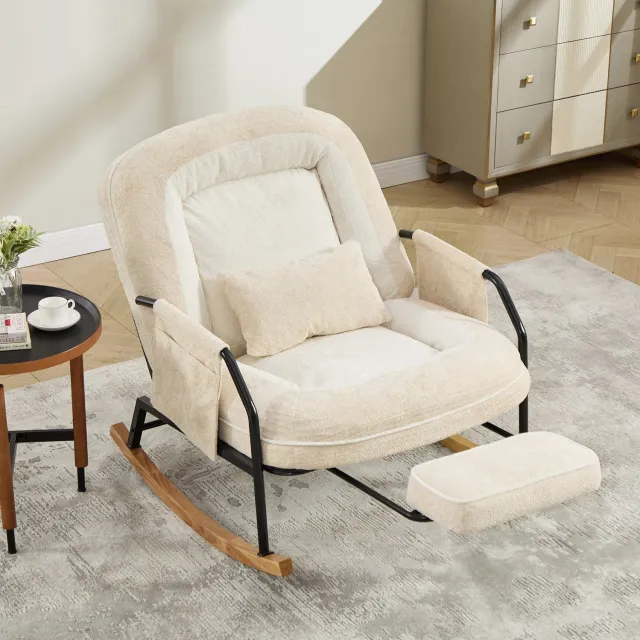 STILVORA Schommelstoel 80 x 87 x 95 cm - Verstelbare Rugleuning En Uitschuifbare Voetensteun - Voor Woonkamer En Slaapkamer - Imitatiebont Beige