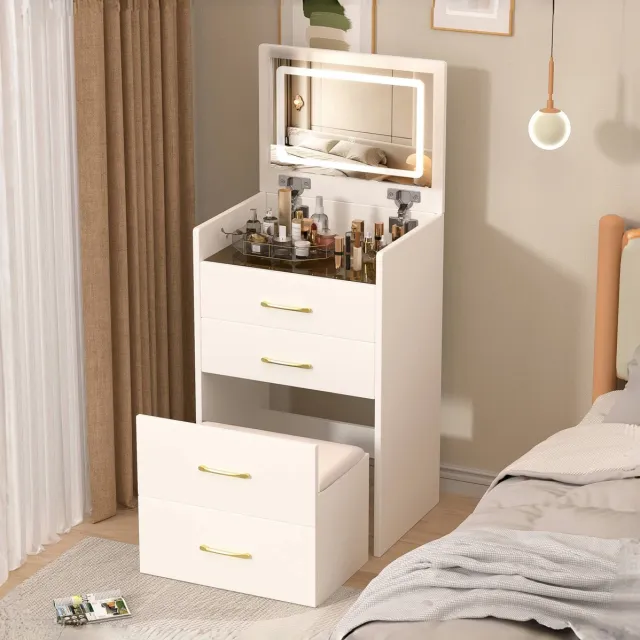 MEUNIQ 3-in-1 kaptafel met opklapbare spiegel, glazen tafelblad, 3 lades en hocker – 60 x 40 x 118 cm – slaapkamer – wit