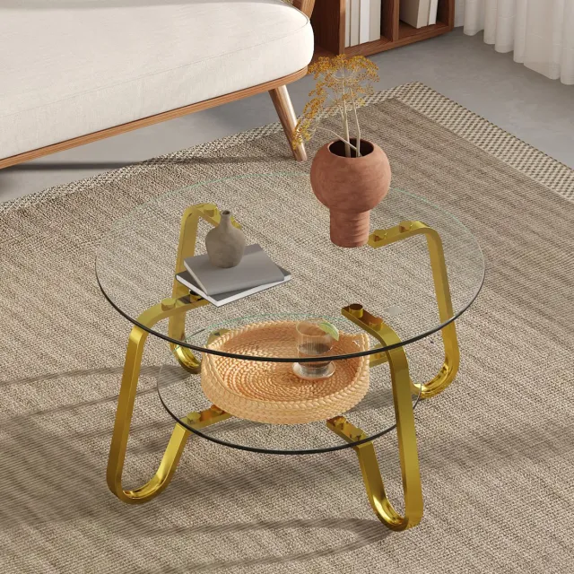 STILVORA Salontafel - Ronde Dubbele Glazen Tafel Met Open Opbergruimte - Voor Woonkamer - Metaal En Glas - 80x80x45 Cm - Goud