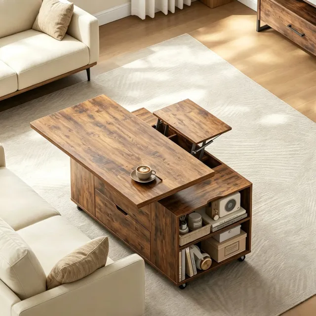 DESMIU Salontafel - Lift Top Verrijdbaar Met Opbergvak En Lade - Voor Woonkamer, Slaapkamer En Werkkamer - Hout En Metaal - 100x50x53 Cm - Rustiek Bruin Rustic Brown