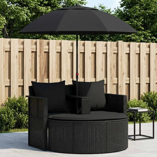 vidaXL Tuinbed met parasol poly rattan zwart, foto 2