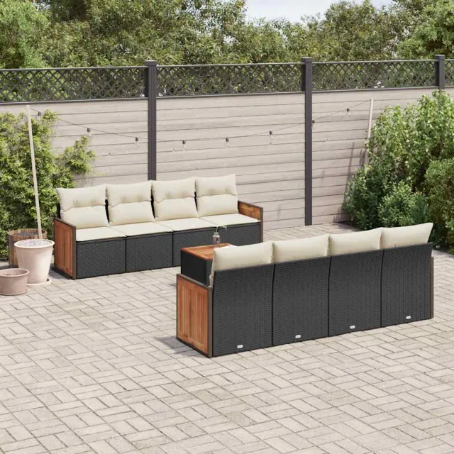 vidaXL 9-delige Loungeset met kussens poly rattan zwart, foto 2