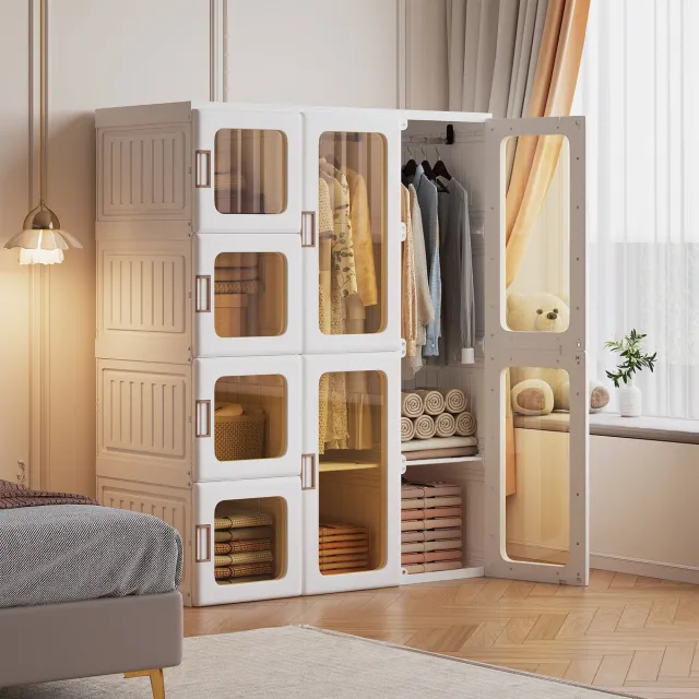 ROSAHQNDA Verplaatsbare kledingkast 104 x 136 x 50 cm – Eenvoudig te monteren, opvouwbare multifunctionele kast met 2 kledingroedes en 8 transparante deuren met magneetsluiting – Opbergkast voor slaapkamer of woonkamer – Wit transparante+Wit-8 deuren