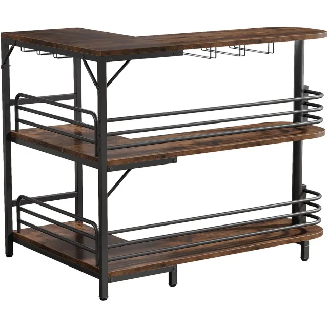 Pugsdrly L-vormige bartafel, bistrotafel met 3 niveaus, plank, flessenrek en glazenhouder, industriële hoektafel voor keuken, woonkamer, industrieel design, rustiek bruin