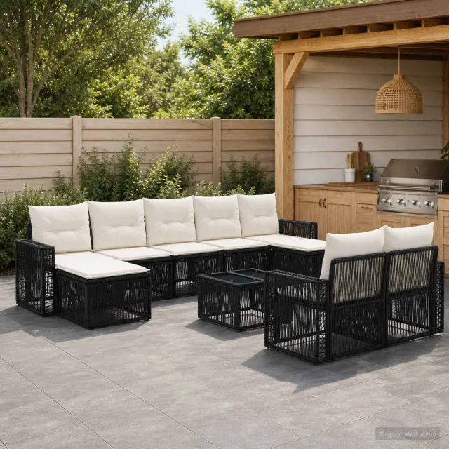 vidaXL Tuinbankenset 10 st 9-zits Zwart en Cream Wit poly rattan, foto 2