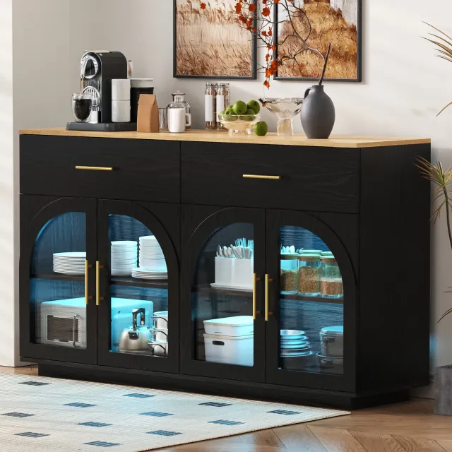 DESMIU Keukenkast - Met Ledverlichting, 2 Lades En 4 Deuren - Voor Keuken En Eetkamer - MDF En PB - 147x40x86 Cm - Zwart En Naturel Zwart met naturel houtkleurig blad