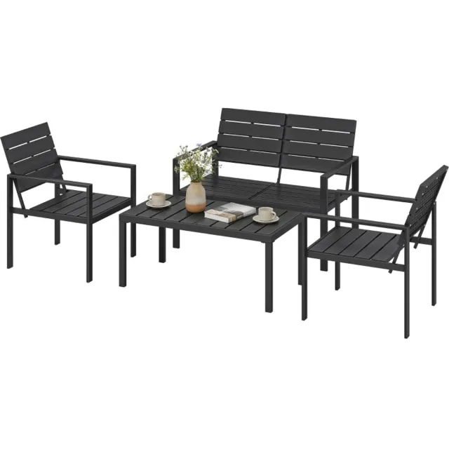 ZYLARO 4-delige Tuinset van Polyrattan - Loungeset met 2-Zitsbank, 2 Fauteuils, Salontafel - Lattendesign - Tuinmeubelset voor 4 Personen - Tuinbank - Zitset - Tuinsalon voor 4 Personen - Zitgroep - voor Terras, Balkon, Tuin - Zwart