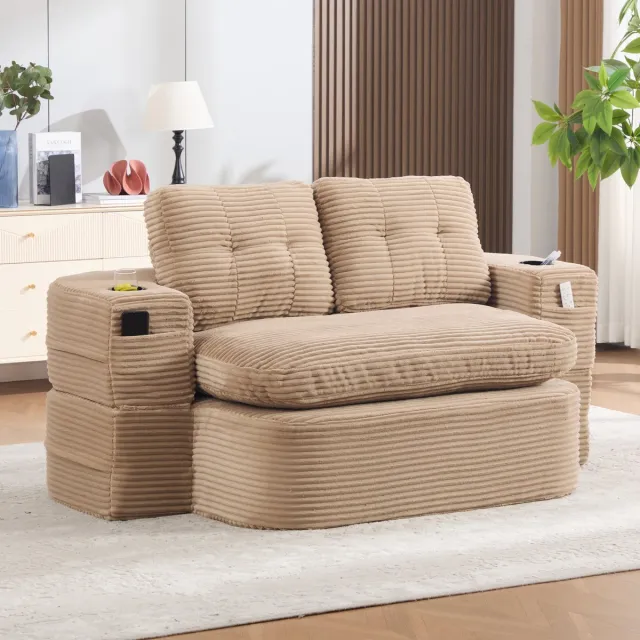 DESMIU Slaapbank 2-Zits - 2-In-1 Relaxfunctie Met Verstelbare Armleuningen, 2 Bekerhouders En Opbergzakken - Voor Woonkamer En Slaapkamer - Cord Khaki