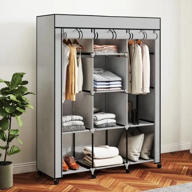 MEUNIQ Stoffen kledingkast 125 x 43 x 162,5 cm met 2 hangroedes, 8 planken, ritssluiting en oprolbare deur voor slaapkamer of wasruimte, lichtgrijs Light Gray