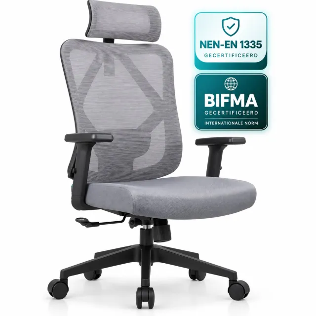 OfficeSense OS40 Ergonomische Bureaustoel - 2D Hoofdsteun - Bureaustoelen voor Volwassenen – Grijs