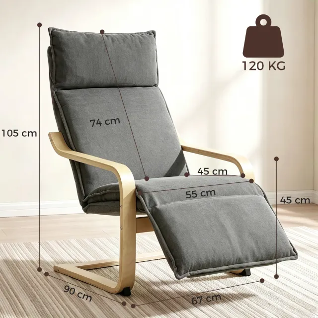 MUVANO Zitstoel - Butaca met Reposapiés - Sillón met Bewegende Functie - Sillón van Hout - 55 cm Breed - Voor Woonkamer of Slaapkamer - Grijs