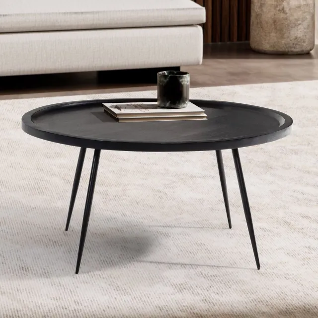Wohnling salontafel 75x75x38 cm mango massief hout metaal zwart banktafel rond, design woonkamertafel met natuurlijke houtnerf, salontafel woonkamer tijdloos - WL6.838