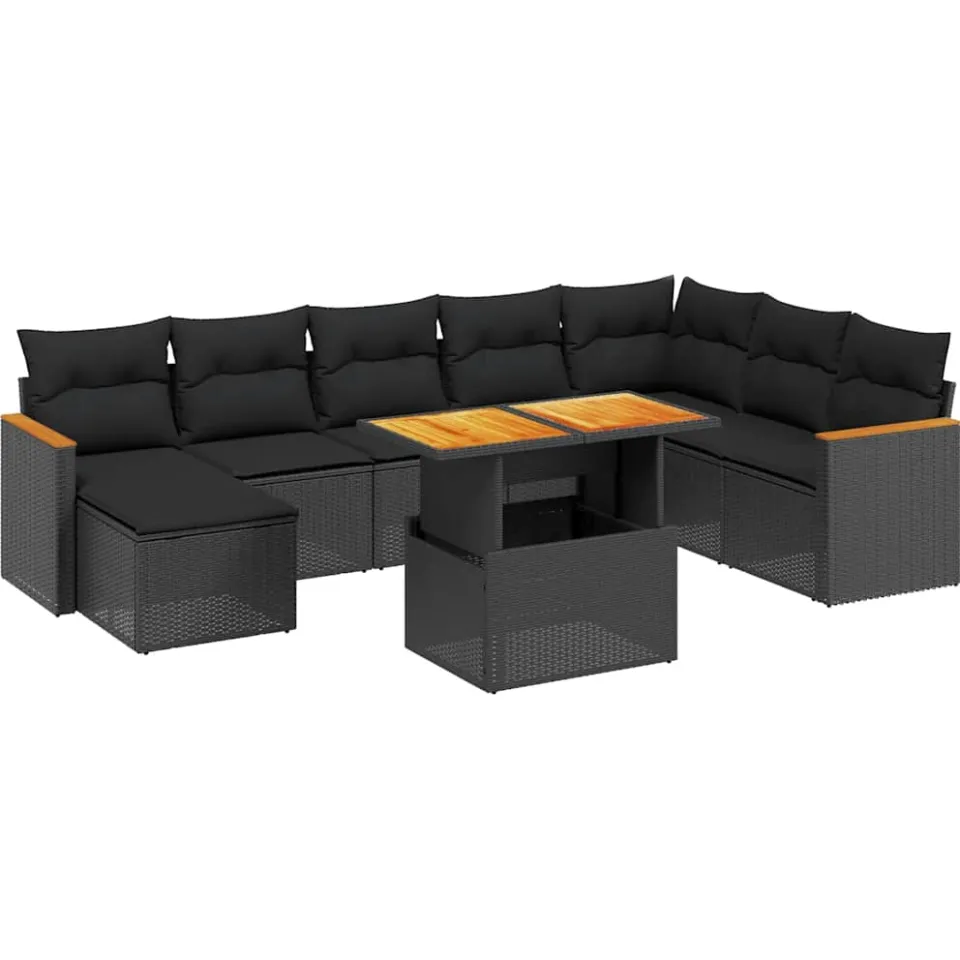 vidaXL 9-delige Loungeset met kussens poly rattan zwart