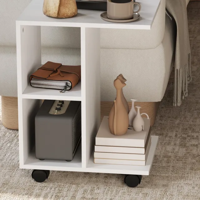 Wishdor C-vormige bijzettafel met wielen en 3 open vakken — sofa- en nachttafel, wit 45×35×58 cm, draagvermogen 20 kg