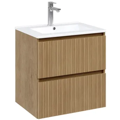 Wastafelonderkast Asime 60cm - Natuurlijk Eikenfineer Houtlook - Met 2 Lades Bruin