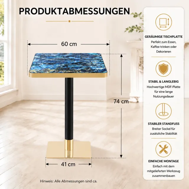 MEUNIQ vierkante eettafel 60 x 60 cm met marmereffect, metalen onderstel en gouden rand, 74 cm hoog, modern tafel voor eetkamer, bistro of café, blauw