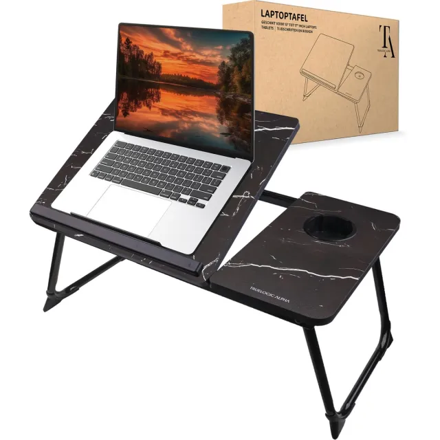 TrueLogic Alpha Bedtafel - Laptoptafel - Laptop standaard - Voor laptops t/m 17 inch - Ontbijttafel - Ontbijt op bed - Ceylon Marble Zwart & Marble Wit