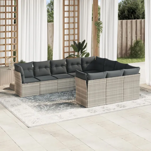 vidaXL 10-delige Loungeset met kussens poly rattan lichtgrijs grijs, foto 2