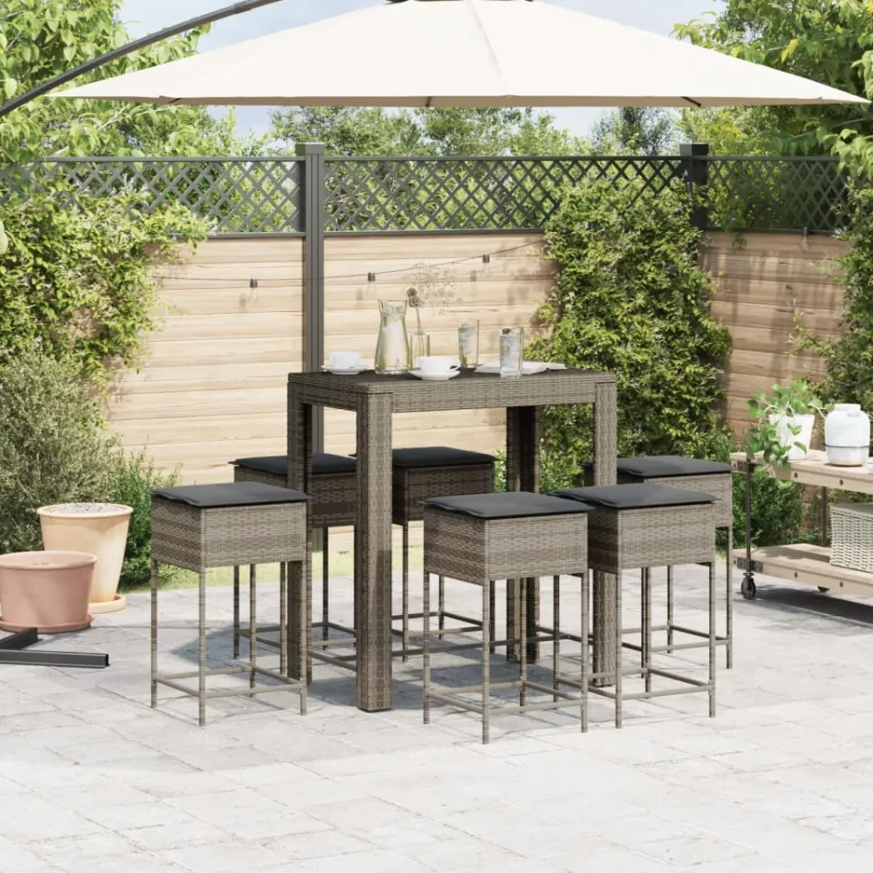 vidaXL 7-delige Tuinbarset met kussens poly rattan grijs, foto 3