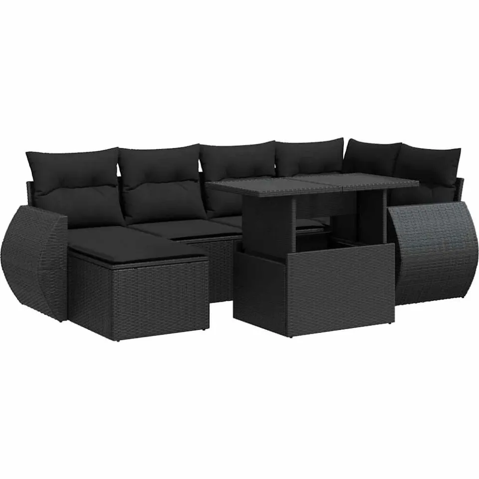 vidaXL 7-delige Loungeset met kussens poly rattan zwart, foto 3