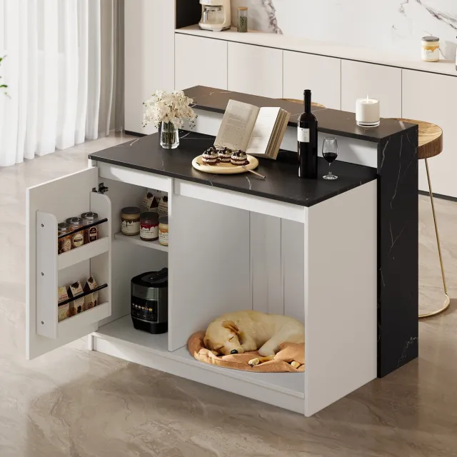 DESMIU Bartafel - Multifunctionele Keukeneiland Met Bartafel En Huisdierplek - Voor Keuken En Eetkamer - MDF En Melamine - 120x80x100 Cm - Zwart Wit