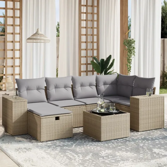 vidaXL 7-delige Loungeset met kussens poly rattan gemengd beige, foto 2
