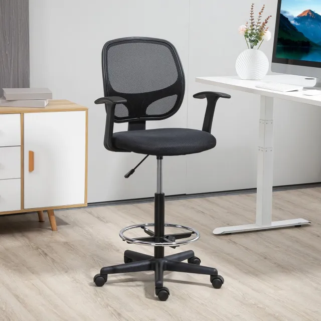MEUNIQ ergonomische bureaustoel tekenstoel met verstelbare zithoogte en voetring, mesh rugleuning, draaistoel met wielen, 120 kg, 60 x 56 x 110-132 cm, zwart