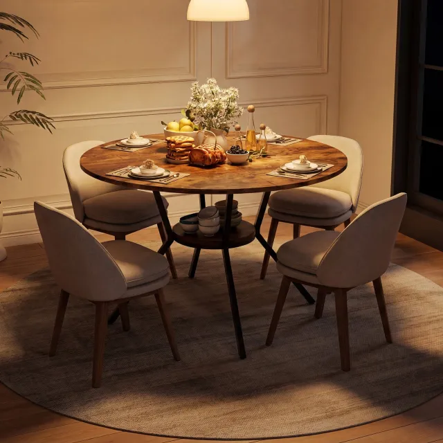 Yelenaro Ronde Eettafel 120 cm met plank, ruimtebesparend, Voor 4-6 Personen, MDF Tafelblad + Metalen Frame, zonder stoelen, Bruin Bruin-B