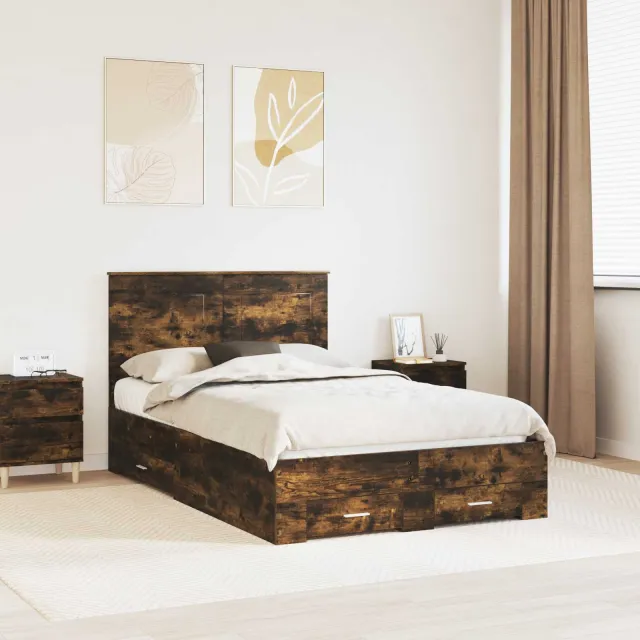 vidaXL Bedframe Gerookt eiken 135 x 190 cm Bewerkt hout Bruin