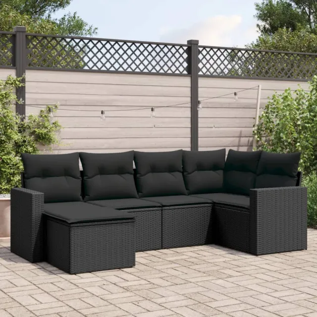 vidaXL 6-delige Loungeset met kussens poly rattan zwart, foto 2