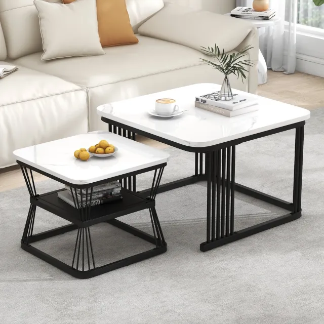 REDOM Set van 2 bijzettafels 65x65x45 cm + 45x45x39,5 cm van MDF in hoogglans marmerlook en zwart metaal, modern Wit