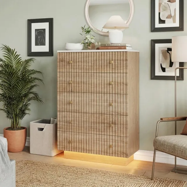 MEXUS Commode met 5 laden, houten commode, LED-verlichting en grote opbergruimte, opbergmeubel 73x40x111 cm, voor slaapkamer, woonkamer, moderne stijl, licht eikenhout Lichtbruin