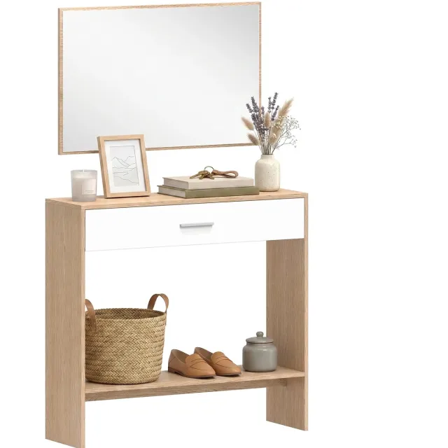 OKWISH Kaptafel Met Spiegel En Lade - Moderne Console Tafel Voor Hal En Woonkamer - MDF Naturel Wit - 91,5x27,9x85,5 Cm Naturel, wit