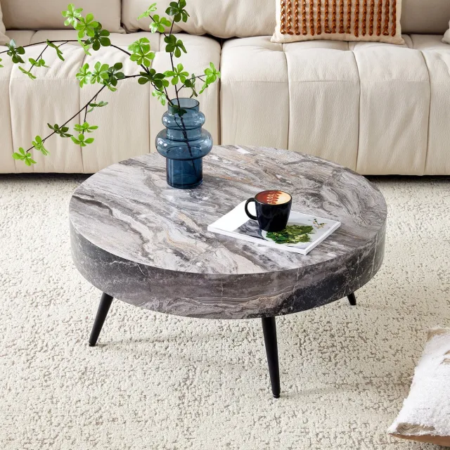 REDOM Ronde Salontafel - Marmerlook - Minimalistisch - Voor Woonkamer - MDF En Metaal - Grijs En Zwart - 70 x 35,5 cm Zwart+Grijs